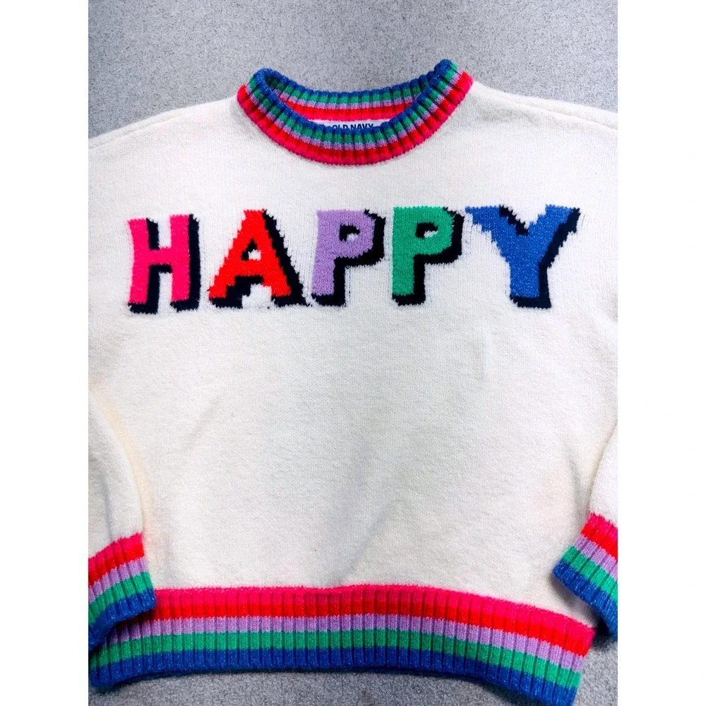 Old Navy Sweater Kids M 8 Cream Rainbow Happy SoSoft Graphic Pullover School